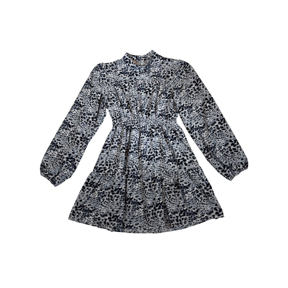 Womens Abstract Animal Print Mock Neck Smocked Mini Dress Blue Black Large L